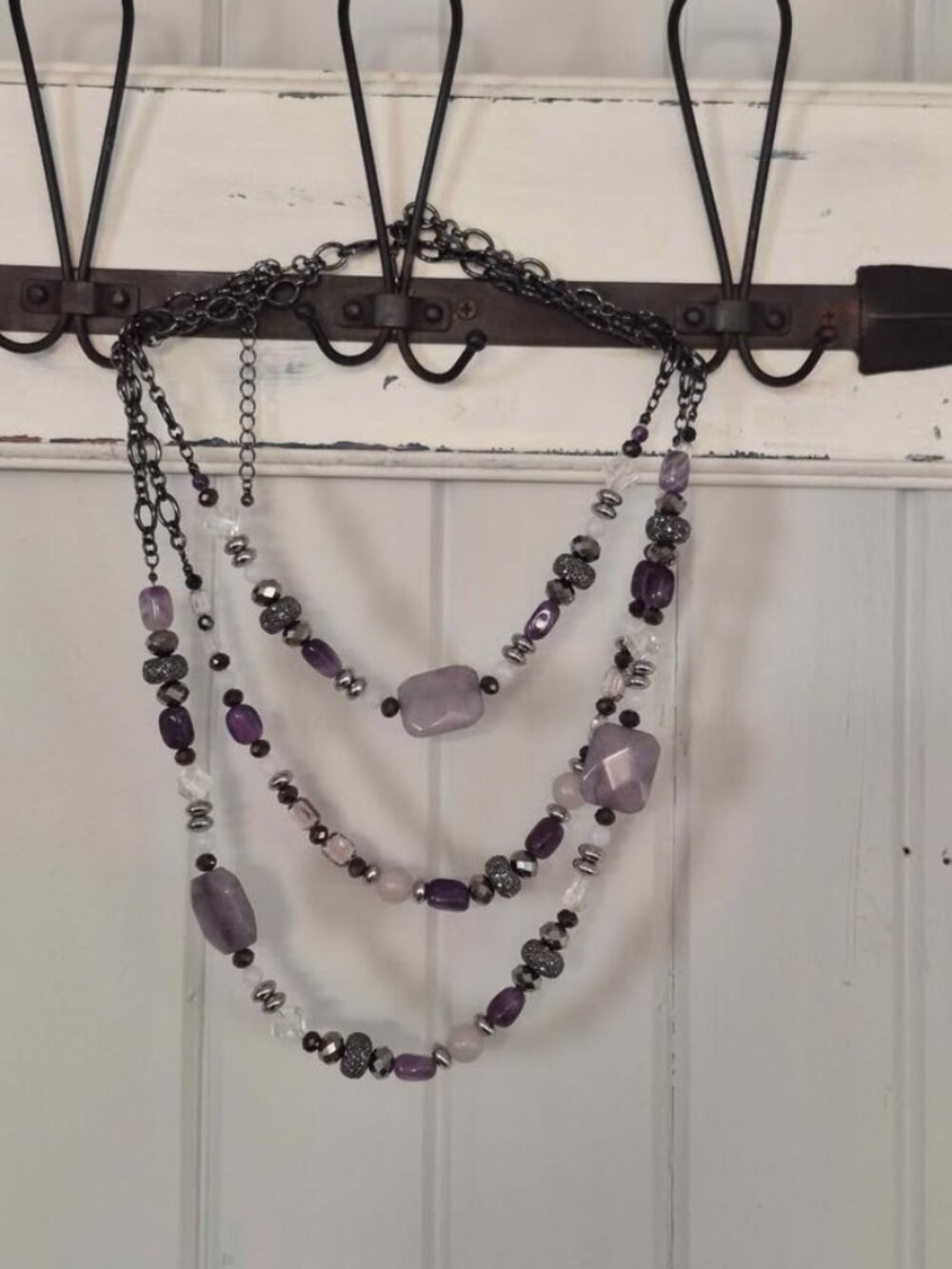 Multi Strand Necklace Purple and Silver Toned Beads in a Bohemian Style Chicos